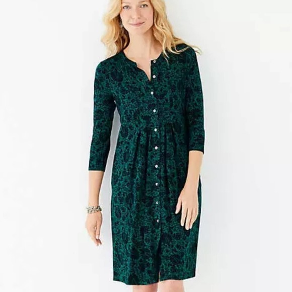 J. Jill Dresses & Skirts - J Jill Green Black Paisley Floral Print Button Down Dress Large Petite